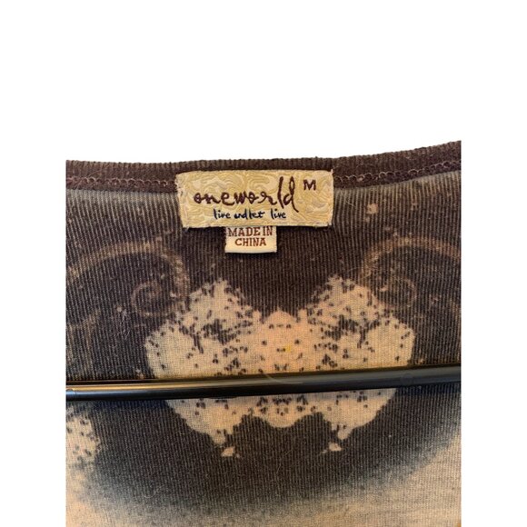 🍒 2/$20 🍒 Brown Pattern Long Sleeve Blouse with Jeweled Neckline sz M - Picture 3 of 8